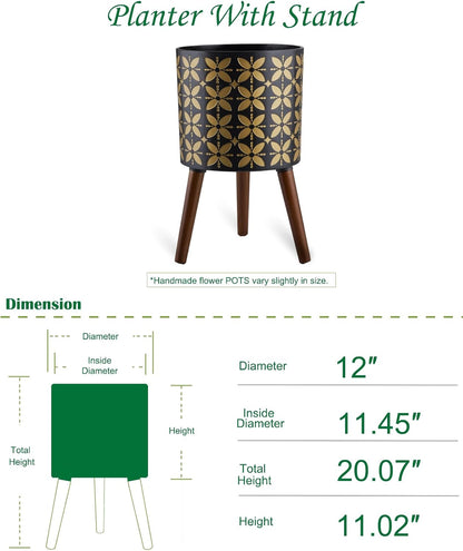 12 Inch Planter Pot with Stand, Planter for Indoor Plants, Drainage Holes and Rubber Plug, Modern Mid-Century Flower Planter Pot for Home Garden Patio, Black and Gold