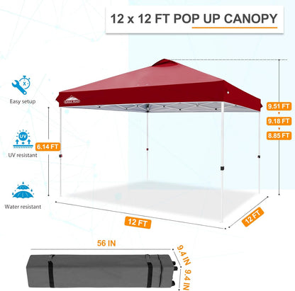 EAGLE PEAK Pop Up Canopy Tent with Wheeled Carry Bag, 8 Stakes, 4 Ropes, 4 Weight Bags, Easy Set Up Tent Canopy, 12x12 ft, 144sqft of Shade, Burgundy
