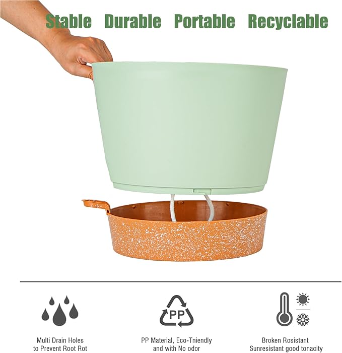 12inch Large Self Watering Plant Pot, Plastic Cylinder Planter with 60Oz Deep Reservoir and Saucer for Indoor Outdoor Plants Flowers Houseplants, Green with Brown
