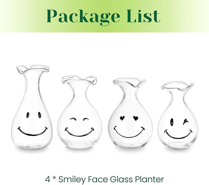 Hewory Smiley Face Glass Planter: 4 PCS Cute Propagation Stations for Hydroponic Plants Cutting Flowers - Clear Terrarium Propgation Vases Jars for Home Office Decor Plant Lover Gifts