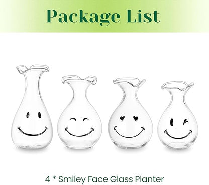 Hewory Smiley Face Glass Planter: 4 PCS Cute Propagation Stations for Hydroponic Plants Cutting Flowers - Clear Terrarium Propgation Vases Jars for Home Office Decor Plant Lover Gifts