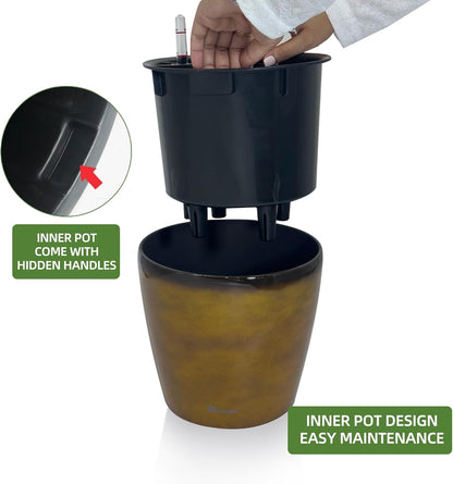 Dexceder 11x10 Inches Self Watering Planter Indoor Outdoor, Inner Pot Design, Thickened Table Flower Plant Pot with Water Level Indicator (Yellow Brown Gradient)