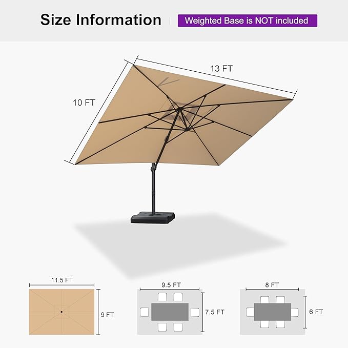PURPLE LEAF 10' × 13' Patio Cantilever Umbrella Outdoor Rectangle Adjustable Offset Umbrellas with 360-degree Rotation and 8 Heavy Duty Metal Ribs for Garden Deck Pool Beige