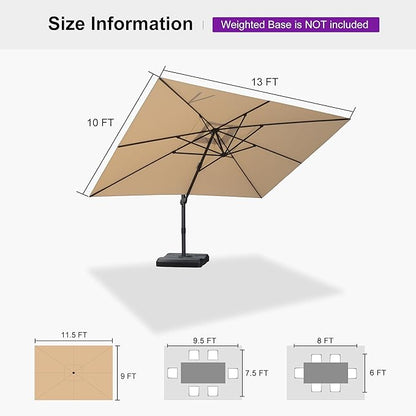 PURPLE LEAF 10' × 13' Patio Cantilever Umbrella Outdoor Rectangle Adjustable Offset Umbrellas with 360-degree Rotation and 8 Heavy Duty Metal Ribs for Garden Deck Pool Beige