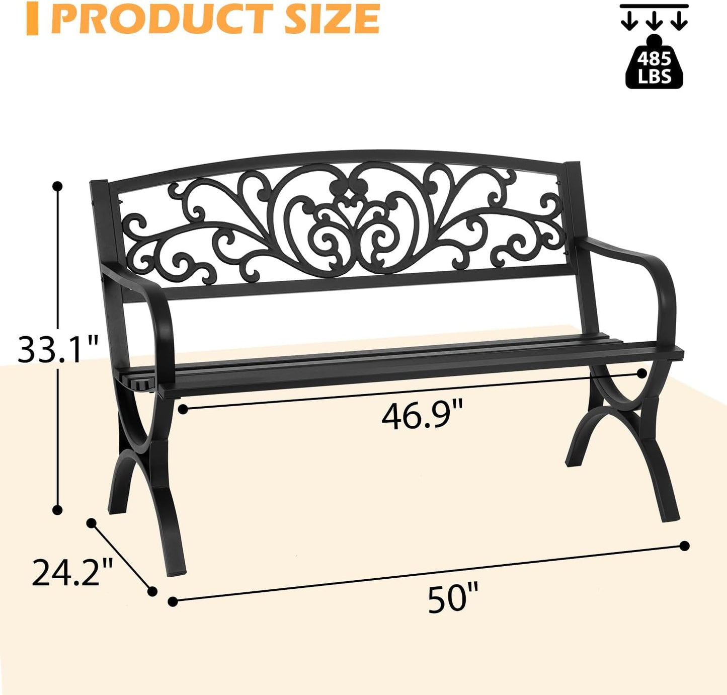 PayLessHere Black Outdoor Metal Loveseat Chairs Patio Garden Bench 50-inch Slatted Seat Armrests Floral Design Plastics Backres Perfect for Park, Yard, Porch, Lawn, Balcony, Backyard