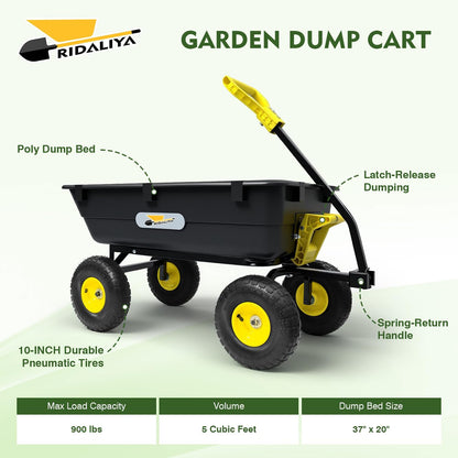 Garden Dump Cart, Heavy-Duty Utility Wagon with 900 lb Capacity, 5 Cu Ft Bed, 10" Pneumatic Tires, 180° Pivot Steering for Yard, Lawn, and Beach Use