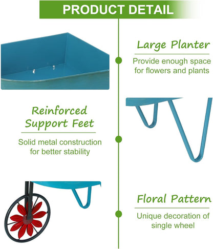 BAYN Metal Wheelbarrow Flower Cart Planter, 2 Packs Plant Stands with Triangular Support Handles Non-Rolling Wheel Vintage Wagon Planter Pots for Home Patio Garden Backyard Rustic Outdoor Decor