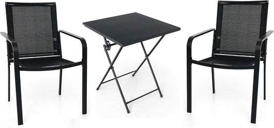 3-Piece Outdoor Bistro Set, 23.5 Folding Table and 2 Stackable Mesh Chairs, Black