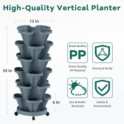 Strawberry Vertical Planters Tower Garden 2 Pack, 6 Tiered Stacking Herb Planter with Support Pole Indoor and Outdoor - Hunter Green