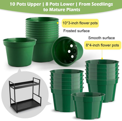 2-Pack Dual Tier Plant Stand with Grow Light and Green Plastic Nursery Pots for Plants, Indoor Gardening Kit for Herbs, Succulents, Seedlings & Small Plants Gardening Gifts