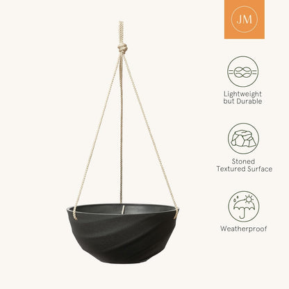 La Jolie Maison 10 Inch Hanging Planters for Indoor Plants, Outdoor Garden Planter Pots with Self-Watering Tray, Jet Black, Spiral Pattern, Set of 2