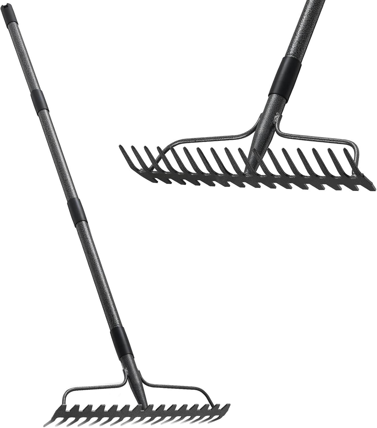 Bow Rakes for Lawns, 17 Prongs 17" Wide Heavy Duty Metal Garden Rake Long Handle 50", Adjustable Rock Yard Thatch Rake for Leaves Gardening Loosening Soil Mulch Gathering Leaf
