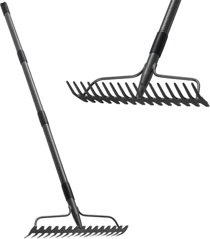Bow Rakes for Lawns, 17 Prongs 17" Wide Heavy Duty Metal Garden Rake Long Handle 50", Adjustable Rock Yard Thatch Rake for Leaves Gardening Loosening Soil Mulch Gathering Leaf