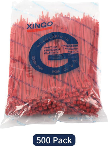 XINGO 10 Inch Cable Zip Ties (500 Pack), 40 Lbs Tensile Strength-Heavy Duty, Self-Locking Nylon Plastic Nylon Wire Ties for indoor and outdoor use(Red)