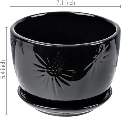 MyGift 7 Inch Glossy Black Ceramic Plant Pot with Drainage Hole and Attached Saucer, Modern Decorative Embossed Sunburst Planter Container for Indoor Home Garden