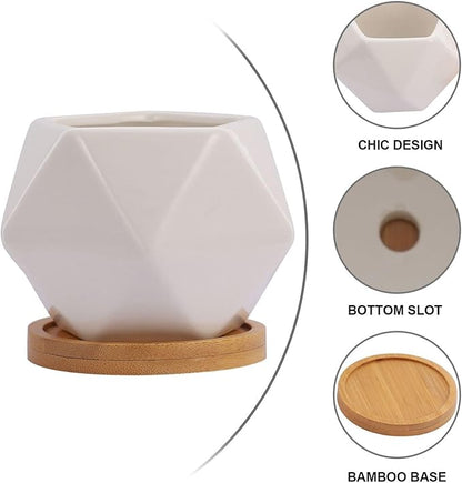 3 Sets Ceramic Succulent Flowerpot with Tray Geometric Bonsai Planter Pots for Indoor Succulents Seedling Pots with Air Permeability Cute Home Garden Decor