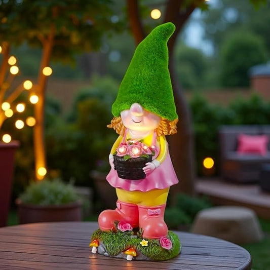Garden Solar Resin Gnome Girl Statue with Solar Powered Night Light for Porch, Patio and Indoor Decoration