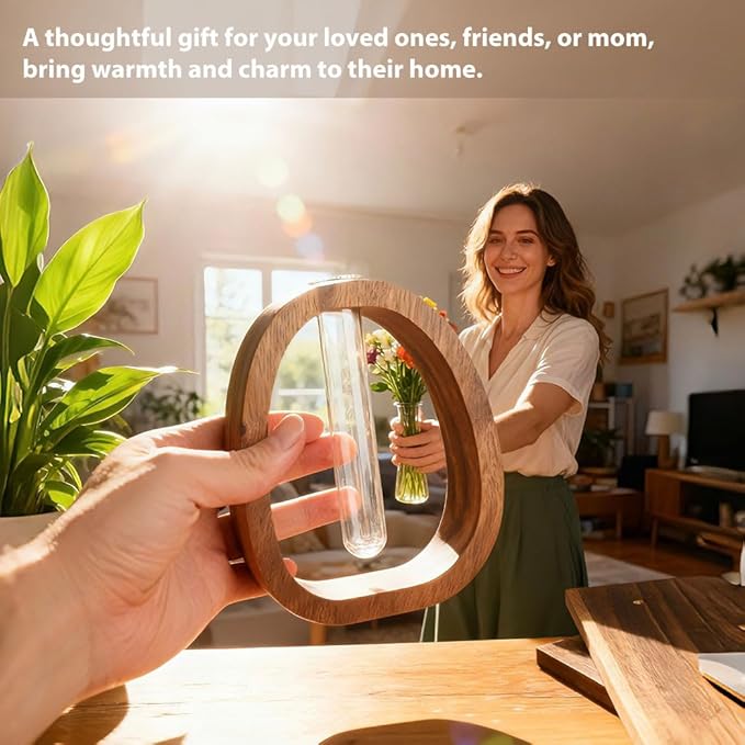 Plant Terrarium with Walnut Wooden Stand,Plant Propagation Station,Retro Propagation Vase,Hydroponics Planter for Cuttings,Greenery and Flowers,Minimalist Wooden Home and Office Décor Gift