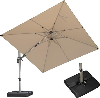 PURPLE LEAF 10' X 10' Left-right Tilting Patio Umbrella with Base Outdoor Swivel Cantilever Offset Aluminum Umbrella with Champagne Frame and 360-degree Rotation for Garden Deck Pool, Beige