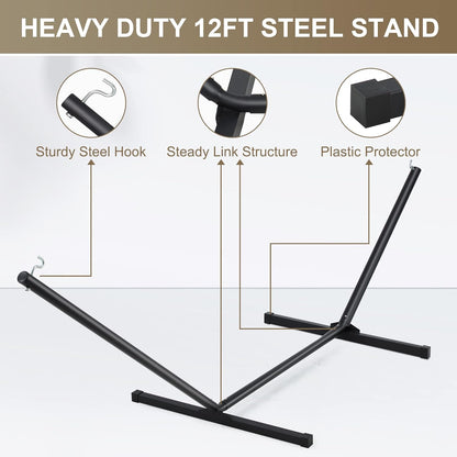 Two Person Hammock with Stand Heavy Duty, Outdoor Patio Hammock with Portable Steel Stand, Large Double Hammocks with Quick Dry Textilene Fabric,480lbs Capacity.(Mocha)