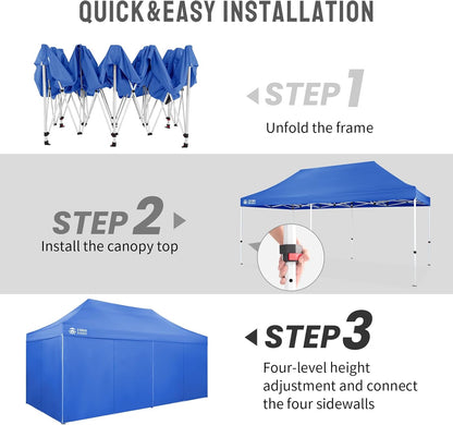 CROWN SHADES 10x20 Pop Up Canopy Tent, Thicken Frame Commercial Heavy Duty Tent, 4 Sidewalls 8 Stakes & 4 Sandbags & 4 Ropes, Outdoor Canopies for Events, Parties, Blue