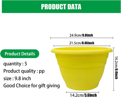 Plant Pot Set of 5, 10" Outside Diameter Flower Pots, 8.5" Inner Diameter Plant Planters with Drainage Hole, Durable Garden Pots Perfect for Indoor & Outdoor Plant Planting, Decor, Yellow