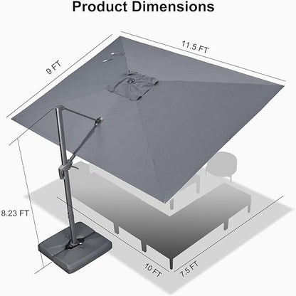 PURPLE LEAF 9' X 11.5' Rectangle Patio Umbrella with Base Outdoor Large Aluminum Cantilever Umbrella with 3 Years Fade Resistance Recycled Fabric and 360-degree Rotation for Garden Deck Pool, Mist Grey
