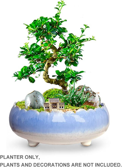 Dahlia 8.3'' Inch Large/Shallow/Wide Drip Glazed Ceramic Planter/Succulent Pot/Plant Pot, Blue