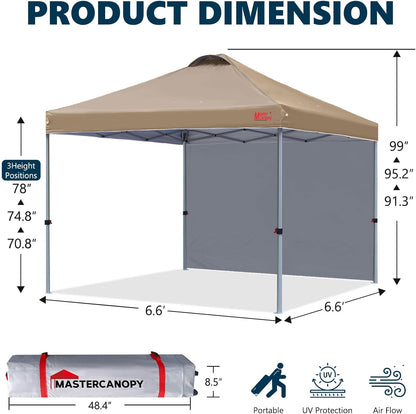 MASTERCANOPY Durable Pop-up Canopy Tent with 1 Sidewall (6.6'x6.6',Khaki)