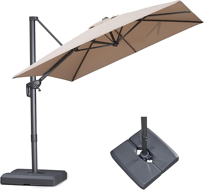 PURPLE LEAF 8 FT Outdoor Umbrella with Base Patio Cantilever Aluminum Umbrella with 3 Years Fade Resistance Recycled Fabric Offset Square with 360-degree Rotation for Deck Pool Garden, Sand Dune