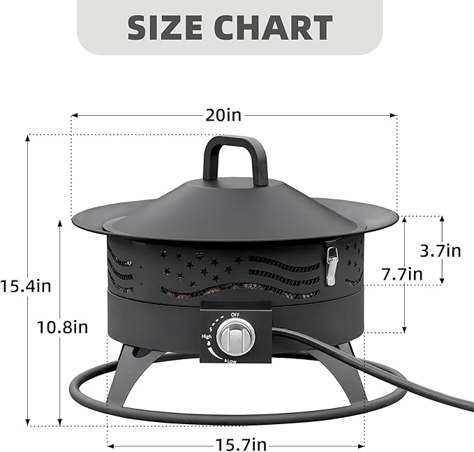 Portable Propane Fire Pit, 20 Inch Smokeless Gas Fire Pit Bowl for Outside, 60,000 BTU Outdoor Firepit with Grill Grate & Lid for Camping, Patio, Yard, Garden