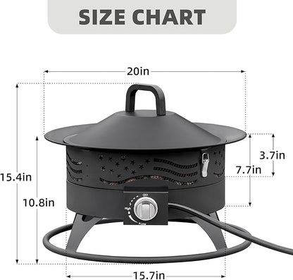 Portable Propane Fire Pit, 20 Inch Smokeless Gas Fire Pit Bowl for Outside, 60,000 BTU Outdoor Firepit with Grill Grate & Lid for Camping, Patio, Yard, Garden