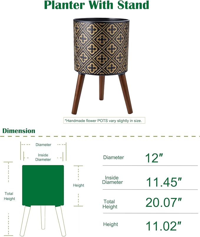 nacltlo12 Inch Planter for Indoor Plants,Plant Pot with Stand,Large Modern Mid-Century Plant Pots Indoor Outdoor with Drainage for Home Garden Patio,Black and Gold