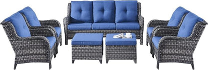 Rilyson Wicker Patio Furniture Set - 7 Piece Rattan Outdoor Sectional Conversation Sets with 1 Sofa,4 Armrest Chairs and 2 Ottomans for Porch Deck Garden(Mixed Grey/Blue)