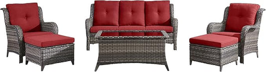 Outdoor Patio Wicker Furniture Set - 6 Piece Rattan Patio Conversation Sectional Sofa Set with 1 Couch,2 Armchairs,2 Ottomans and 1 Glass Top Coffee Table for Porch Deck Garden(Mixed Grey/Red)
