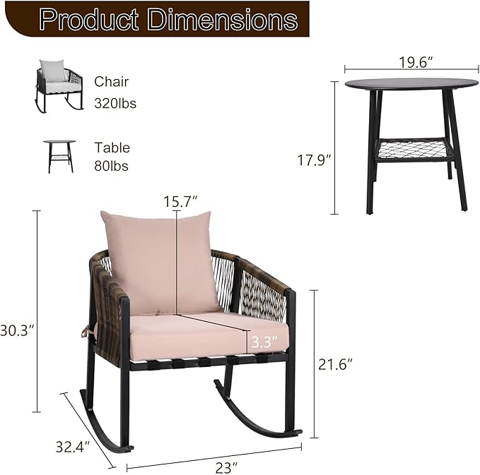 DECMICO 3-Piece Outdoor Wicker Patio Conversation Set, Rocking Bistro Chairs with Round Coffee Table for Small Space Balcony Backyard Garden, Beige