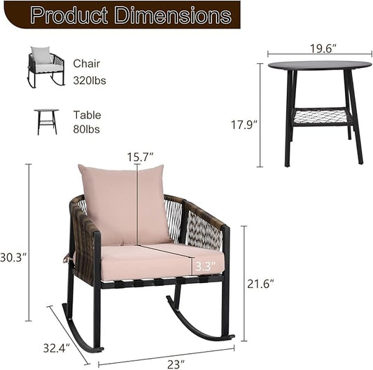 DECMICO 3-Piece Outdoor Wicker Patio Conversation Set, Rocking Bistro Chairs with Round Coffee Table for Small Space Balcony Backyard Garden, Beige