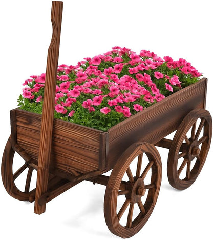 Tangkula Wooden Wagon Planter Box, Decorative Garden Planter w/Wheels, Handle, Drain Hole, Rustic Wooden Flower Cart for Indoor & Outdoor Decor for Patio, Garden, Balcony (29.5" L x 17" W x 21" H)