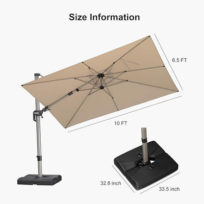PURPLE LEAF 10' X 6.5' Left-right Tilting Patio Umbrella with Base Outdoor Swivel Cantilever Offset Aluminum Umbrella with Champagne Frame and 360-degree Rotation for Garden Deck Pool, Beige