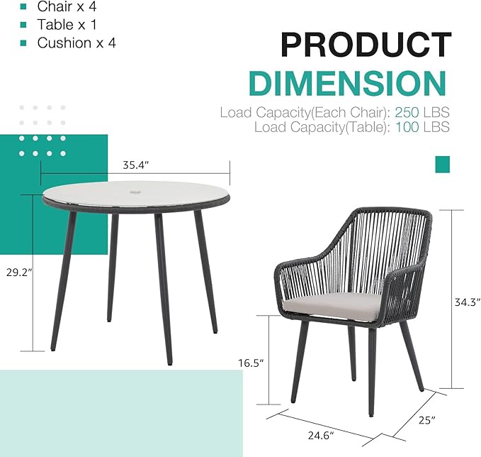 Patiorama 5-Piece Patio Dining Set, Outdoor Dining Table Chair Set, All-Weather Twisted Rattan Wicker Rope Conversation Set, Patio Furniture Set w/Umbrella Hole, 4 Cushioned Chairs&Glass Table(Black)
