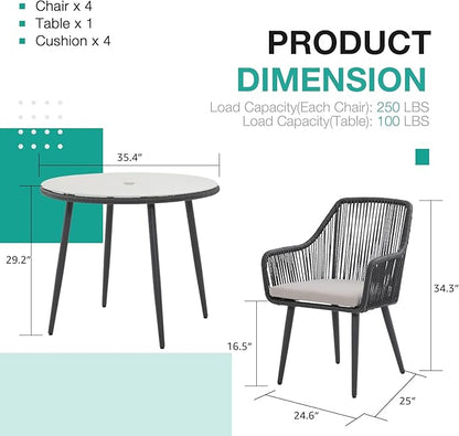 Patiorama 5-Piece Patio Dining Set, Outdoor Dining Table Chair Set, All-Weather Twisted Rattan Wicker Rope Conversation Set, Patio Furniture Set w/Umbrella Hole, 4 Cushioned Chairs&Glass Table(Black)