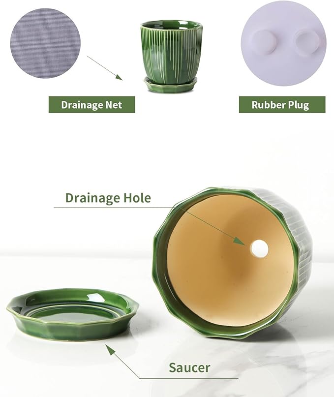 ADN Ceramic Planter - Large Plant Pot Geometric Design Flower Pot with Drainage Hole and Saucer for Outdoor Indoor Plants (Green, 6 in)