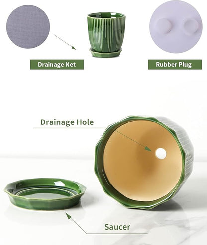 ADN Ceramic Planter - Large Plant Pot Geometric Design Flower Pot with Drainage Hole and Saucer for Outdoor Indoor Plants (Green, 6 in)