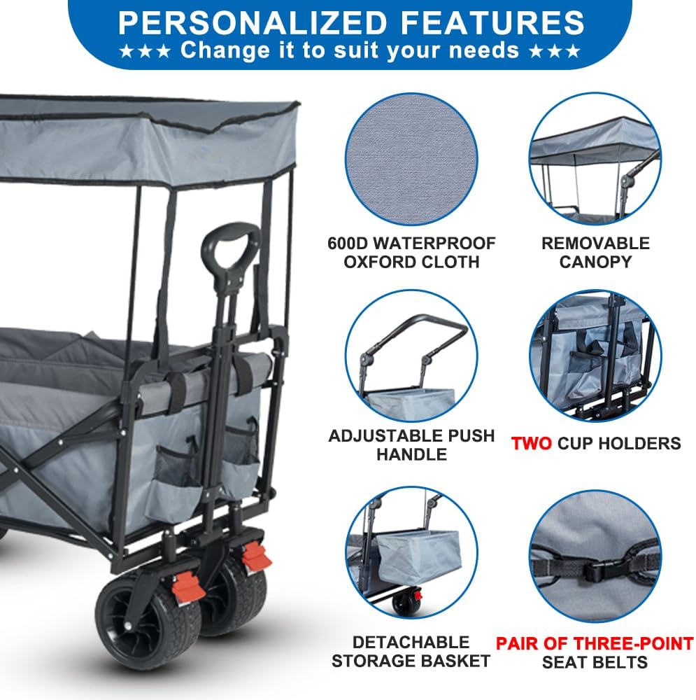 SKYMANOR Collapsible Wagon with Removable Canopy, 3-in-1 Heavy Duty Garden Cart with Big All-Terrain Wheels, Brakes, Adjustable Push Pull Handle, Cooler Bag, 300LBS Wagon Cart for Camping (Grey)