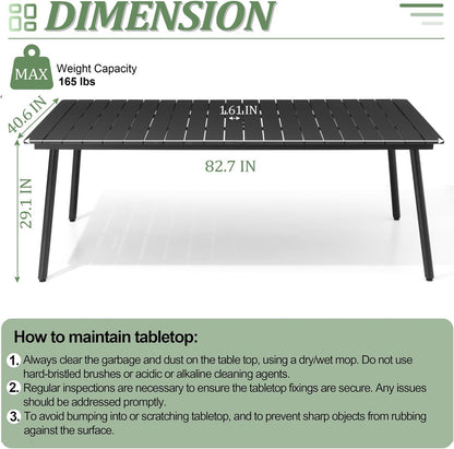 Outdoor Dining Table for 6-8, 82.7 inch Patio Dining Table with Wooden-Like Top and Aluminum Frame, Rectangular Table with Umbrella Hole Outdoor Furniture, Only Table, Black