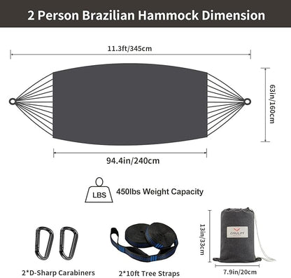 Brazilian Double Hammock with Tree Straps,Extra Large 94x63IN,2 Persons Hammock for Backyard Patio Outdoor and Indoor,450lbs Weight Capacity,Soft Woven Cotton Fabric - Dark Grey