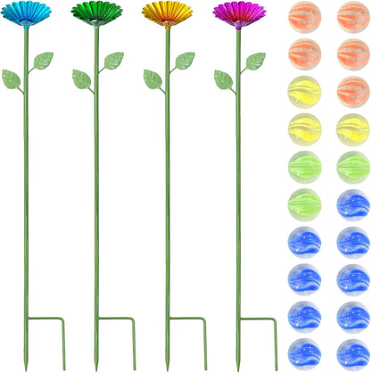4 pcs Metal Colorful Flower Design Butterfly Feeders Bowl Bee Watering Station with 20 Colorful Glass Marbl for Outdoor Patio Garden Decoration (Red,Green,Blue,Yellow)