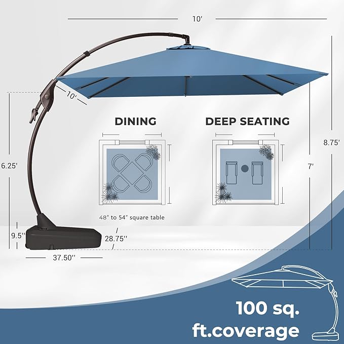 Grand patio 10X10 FT Sunbrella Offset Umbrella with Base Outdoor Square Aluminum Cantilever Umbrella with Easy Tilt Adjustment (Sapphire Blue, 10X10 FT-SUNBRELLA)