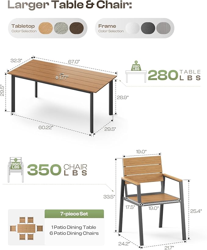 Outdoor Dining Set for 6, Patio Dining Sets with Umbrella Hole, 7 Pieces HDPS Outdoor Table and Chairs for Patio, Garden