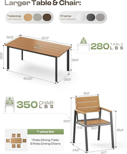 Outdoor Dining Set for 6, Patio Dining Sets with Umbrella Hole, 7 Pieces HDPS Outdoor Table and Chairs for Patio, Garden